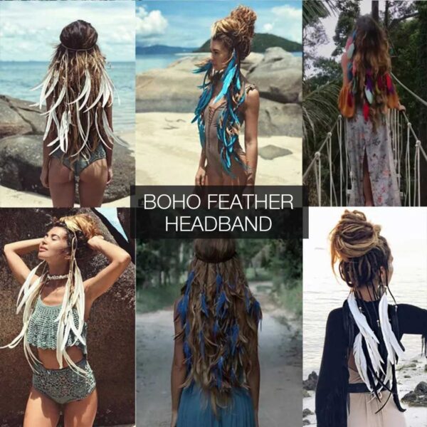 GORTIN Boho Feather Headband Hippie Headband Gypsy Feather Headpiece Indian Costume Headwear Hair Accessory for Women (A-Blue, One size) - Image 6