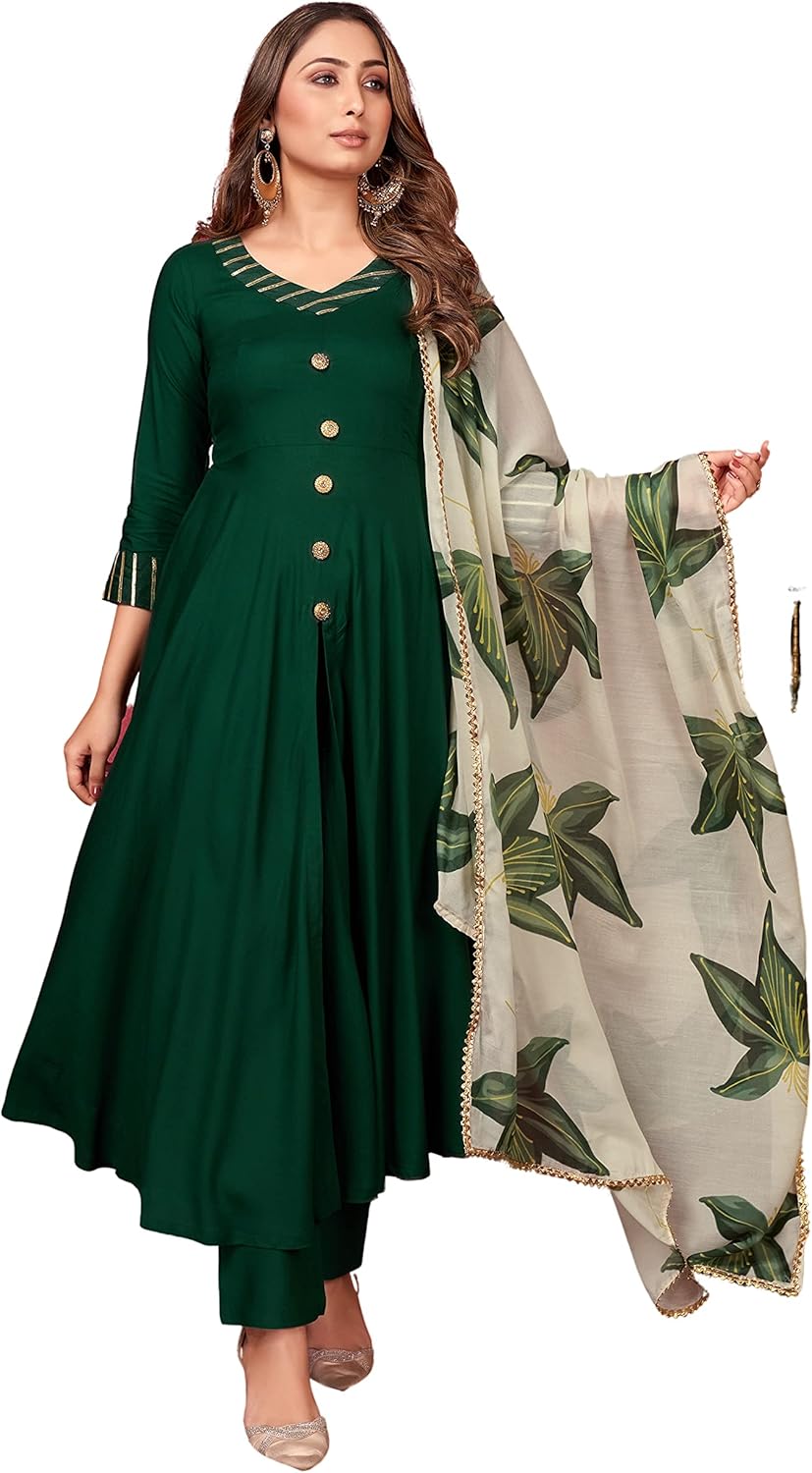 Indian Kurti for Womens With Pant & Dupatta | Rayon Foil Printed Long Kurta Partywear Kurtis For Women Tunic Tops