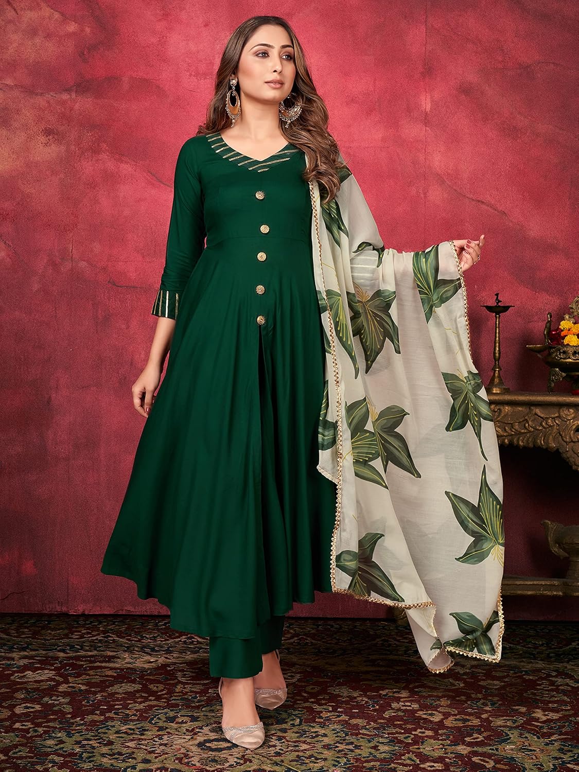 Indian Kurti for Womens With Pant & Dupatta | Rayon Foil Printed Long Kurta Partywear Kurtis For Women Tunic Tops - Image 3