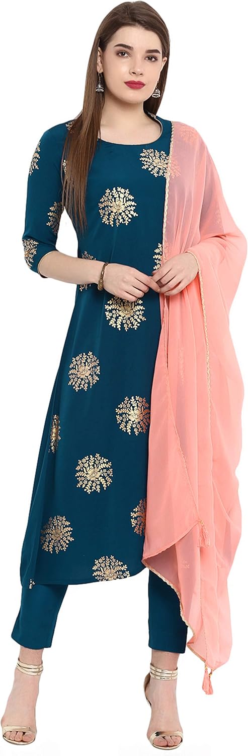 Janasya Indian Women's Tunic Tops Crepe Kurti Set With Dupatta for Women Turquoise