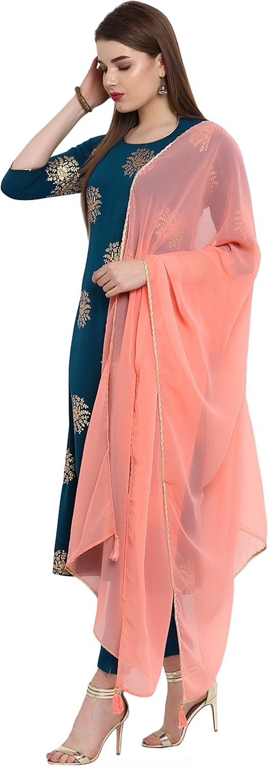 Janasya Indian Women's Tunic Tops Crepe Kurti Set With Dupatta for Women Turquoise - Image 4