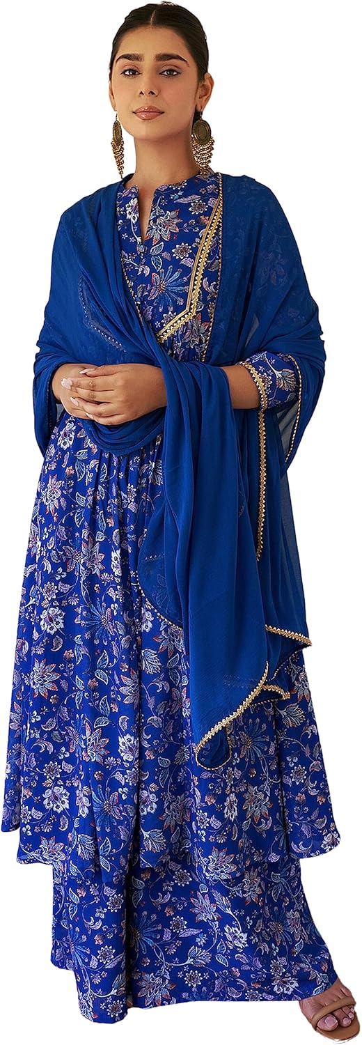 Janasya Indian Women's Georgette Digital Floral Printed Flared Kurta with Sharara & Dupatta Set