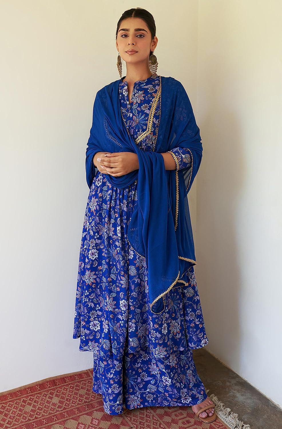 Janasya Indian Women's Georgette Digital Floral Printed Flared Kurta with Sharara & Dupatta Set - Image 3