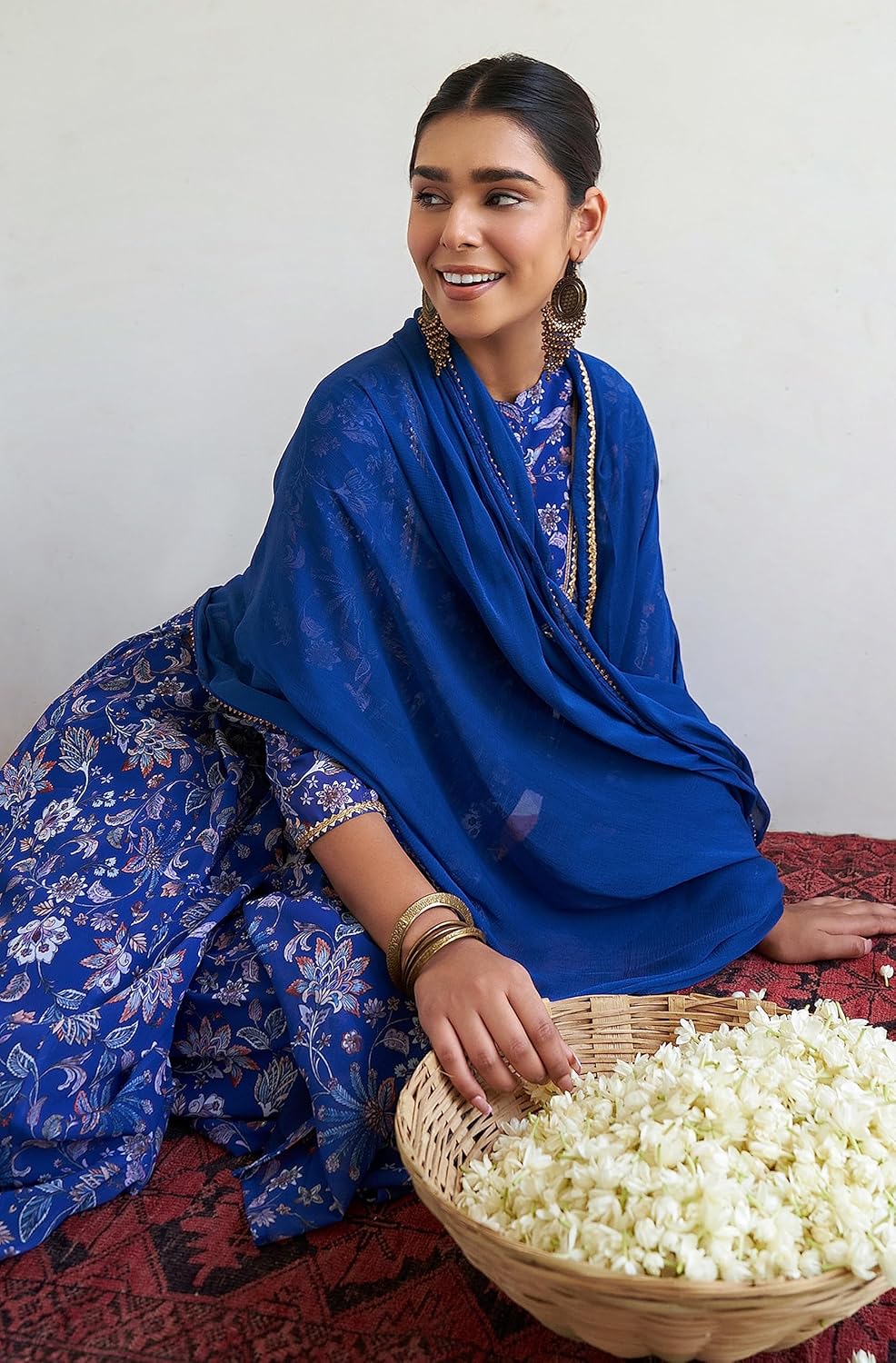 Janasya Indian Women's Georgette Digital Floral Printed Flared Kurta with Sharara & Dupatta Set - Image 4