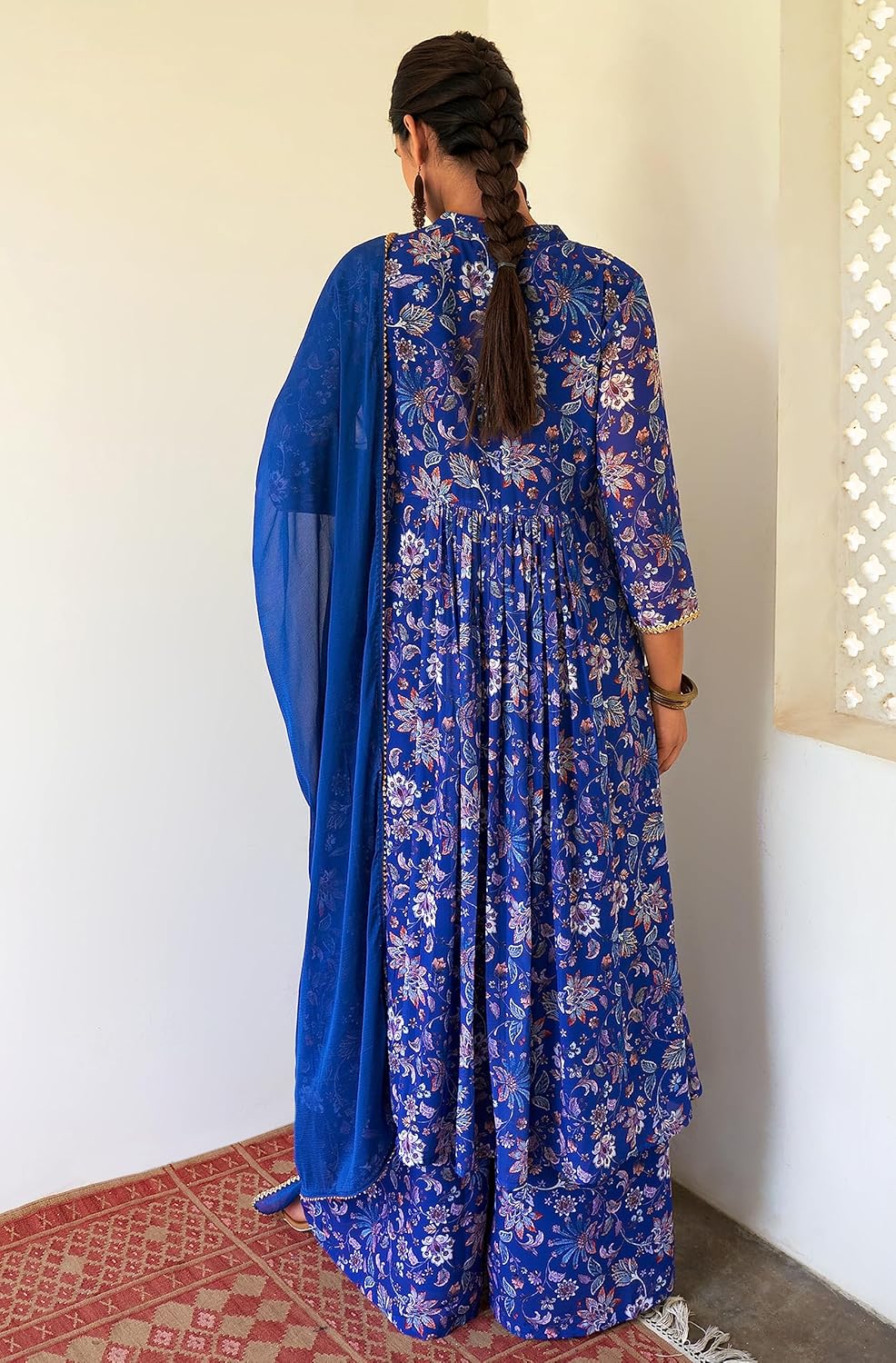 Janasya Indian Women's Georgette Digital Floral Printed Flared Kurta with Sharara & Dupatta Set - Image 7