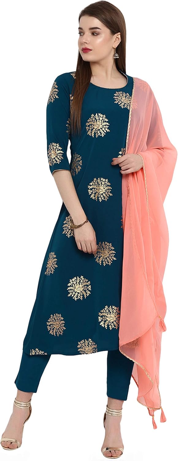 Janasya Indian Women's Tunic Tops Crepe Kurti Set With Dupatta for Women Turquoise - Image 3