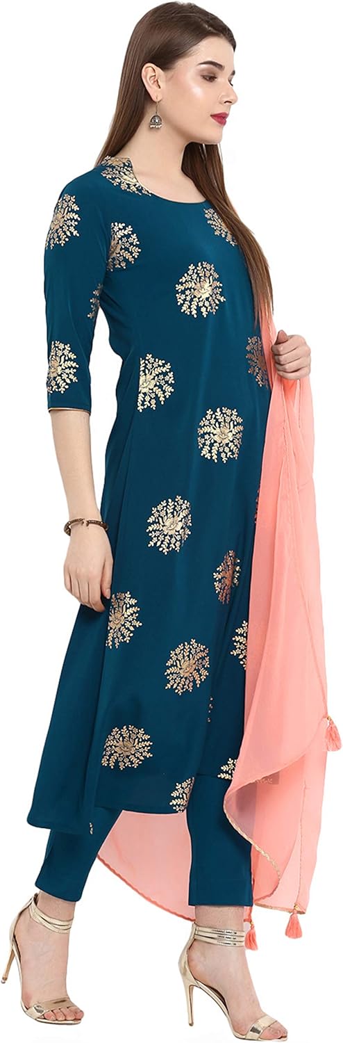 Janasya Indian Women's Tunic Tops Crepe Kurti Set With Dupatta for Women Turquoise - Image 5
