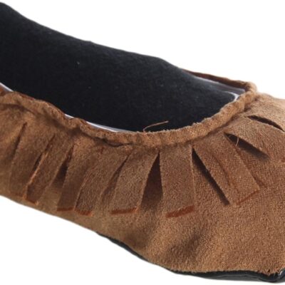 Fortune Teller Adult Brown Indian Moccasins - Faux Suede Shoes with Elastic Band, Anti-Slip Sole, Fringe
