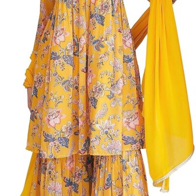 Janasya Indian Women's Georgette Digital Floral Printed Kurta with Sharara and Dupatta