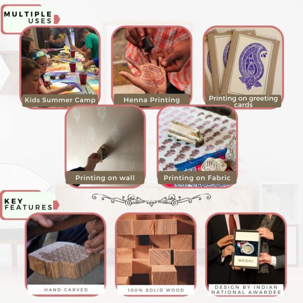 Wooden Stamp Block for Printing - Handcarved Indian Textile Printing Blocks for DIY Craft Card Making, Project Designing, Clay, Pottery, Tattoo Print HASHCART® | Set of 5 | - Image 5