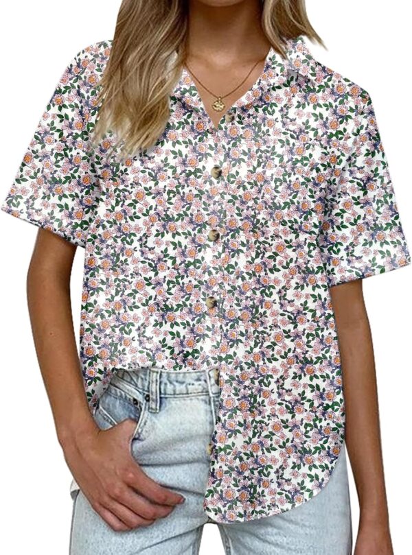 HOTOUCH Cotton Linen Button Down Shirt for Women V Neck Collared Blouse Casual Short Sleeve Tops with Pocket - Image 2