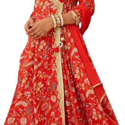 Janasya Indian Women's Red Cotton Floral Printed Kurta with Palazzo and Dupatta
