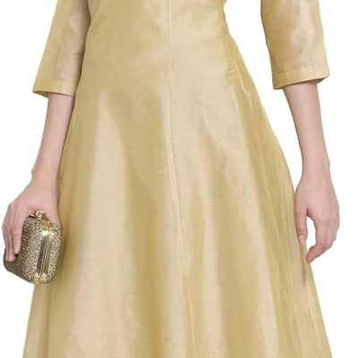 Indian Chanderi Silk Beige Golden Anarkali Kurta for Women | 3/4 Sleeves, Round Neck, Ankle Length | Single Kurta