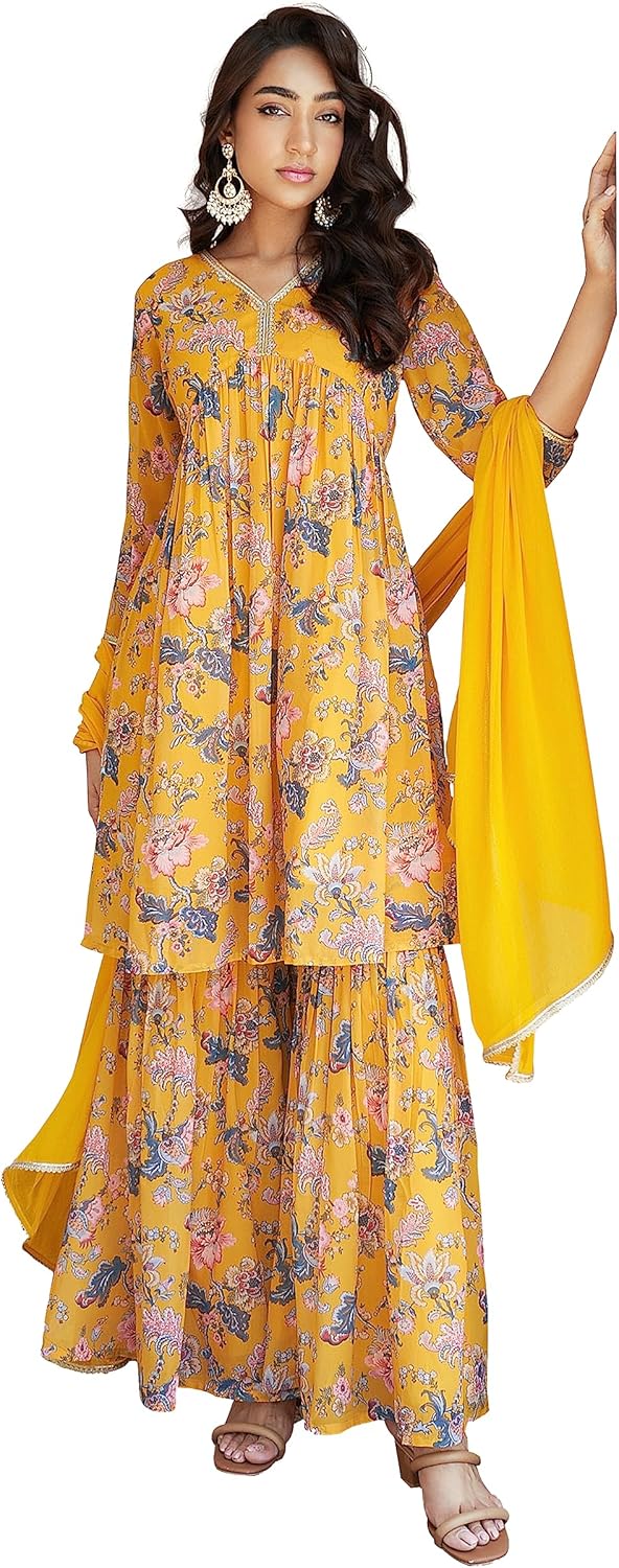 Janasya Indian Women's Georgette Digital Floral Printed Flared Kurta with Sharara & Dupatta Set