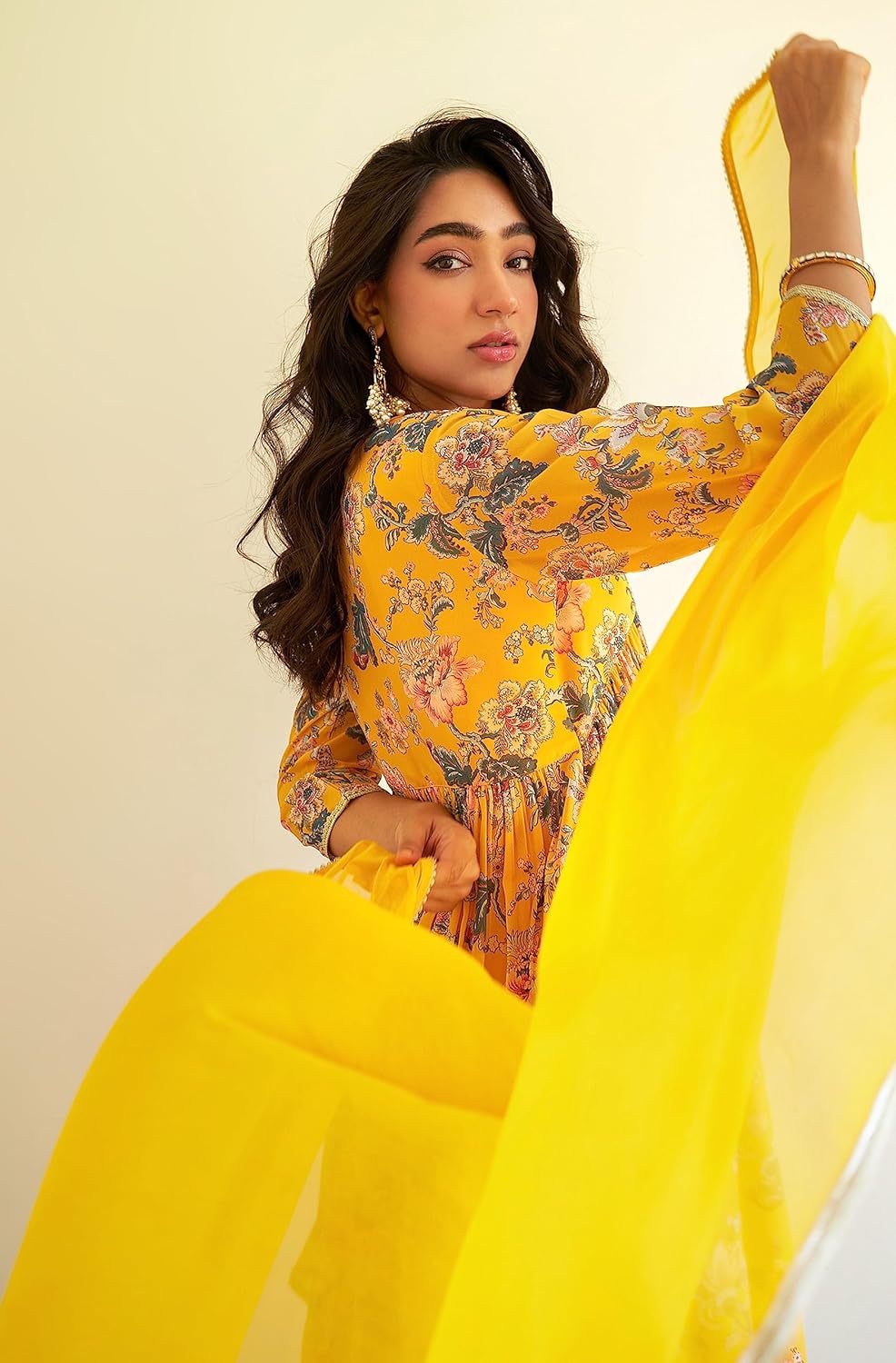 Janasya Indian Women's Georgette Digital Floral Printed Flared Kurta with Sharara & Dupatta Set - Image 6