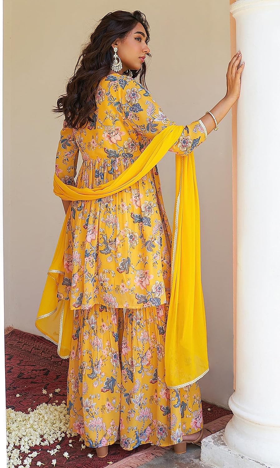 Janasya Indian Women's Georgette Digital Floral Printed Flared Kurta with Sharara & Dupatta Set - Image 7