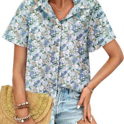 HOTOUCH Cotton Linen Button Down Shirt for Women V Neck Collared Blouse Casual Short Sleeve Tops with Pocket