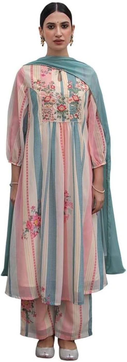 Janasya Indian Women's Cream Georgette Floral Embroidered A-Line Kurta Set