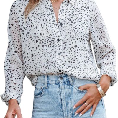 Mutitop Button Down Shirts for Women Dressy Casual Blouses V Neck Printed Boho Long Sleeve Collared Tunic Chiffon Tops