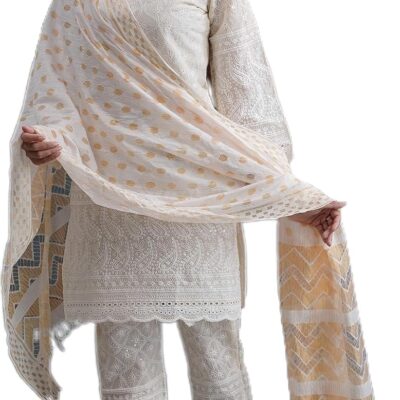 Chikankari Kurtis for Women Pakistani Salwar Kameez Suit Set Indian Dresses Cream White Kurti Pant & Dupatta Set
