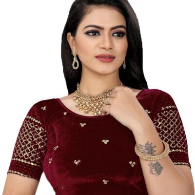 KNETLI Velvet Readymade Blouse for Women-Round Neck,Short Sleeve