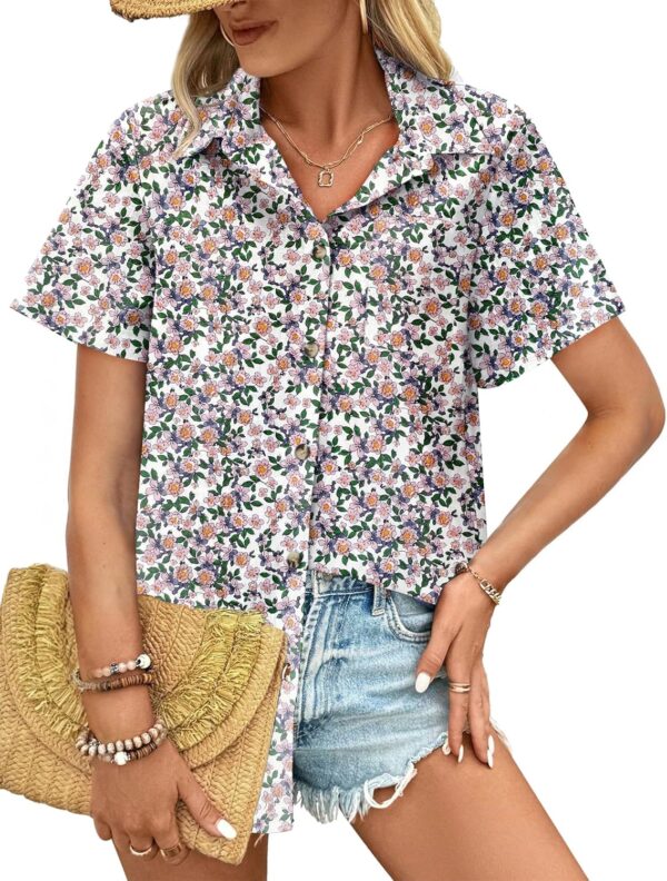 HOTOUCH Cotton Linen Button Down Shirt for Women V Neck Collared Blouse Casual Short Sleeve Tops with Pocket