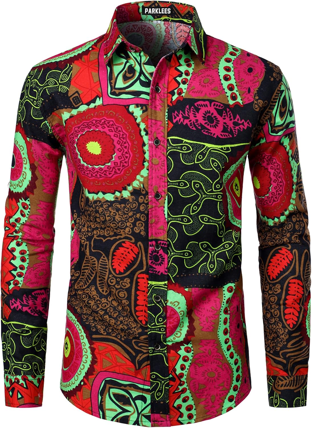 Men's Cotton Linen 70s Disco Retro Traditional Pattern Printed Long Sleeve Button Down Shirt