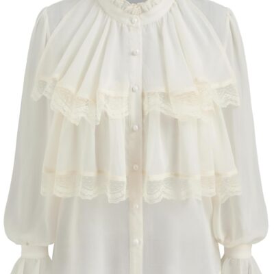 CIDER Chiffon High Neck Soild Lace Faux Pearl Long Sleeve Blouse