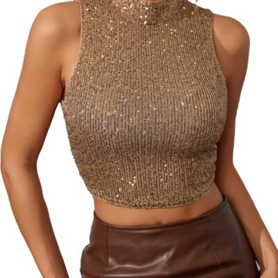 Floerns Women's Mock Neck Sleeveless Sequin Party Sparkly Crop Tank Tops Clubwear