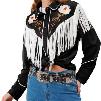 JOHN MOON Women's Floral Embroidered Fringe Western Shirts Rodeo Cowgirl Button Down Blouse Tops Country Style Outfits