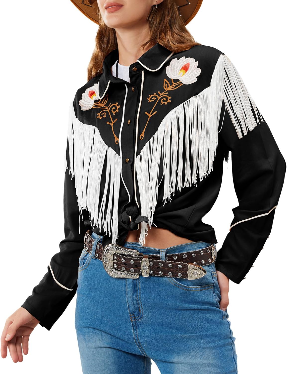 JOHN MOON Women's Floral Embroidered Fringe Western Shirts Rodeo Cowgirl Button Down Blouse Tops Country Style Outfits