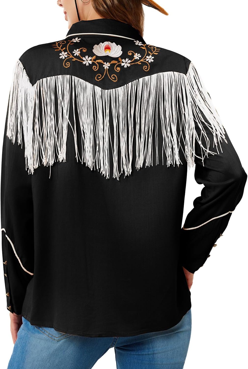 JOHN MOON Women's Floral Embroidered Fringe Western Shirts Rodeo Cowgirl Button Down Blouse Tops Country Style Outfits - Image 4