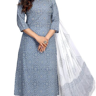 Rajnandini Women's Grey & White Pure Cambric Cotton Bandhani Printed Kurta Set with Dupatta (S to 6XL - Size JOPLVL212)…