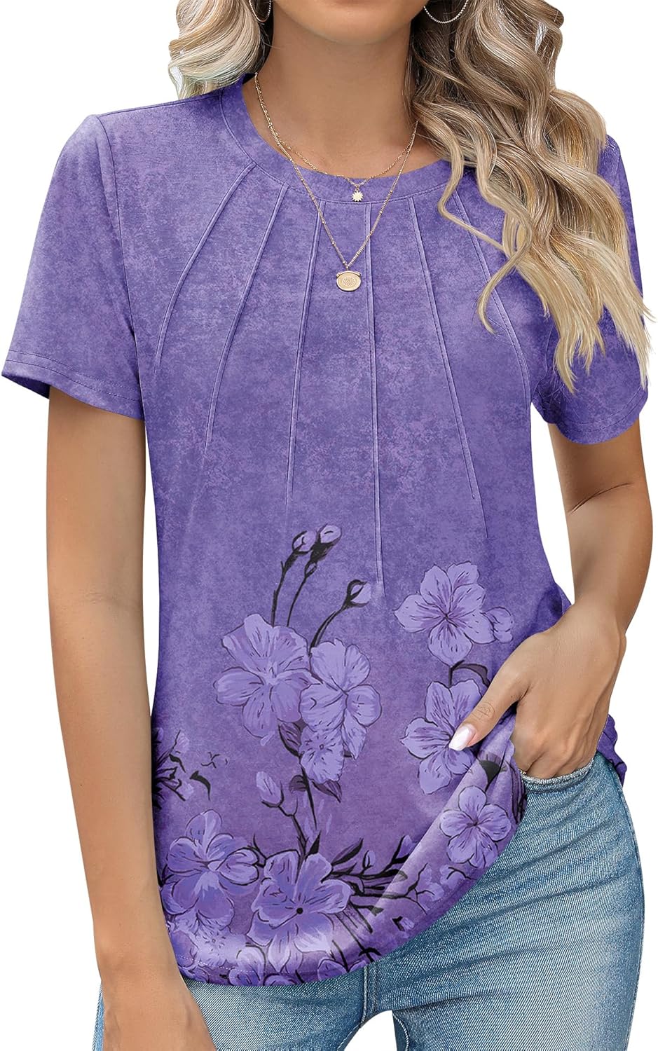 Kistore Womens Casual Crew Neck Short Sleeve Pleated Tops Blouses Fashion Clothes 2024