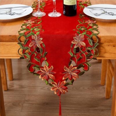 Christmas Embroidered Table Runners Cutwork Green Leaves Holiday Table Linens for Christmas Decorations 15x87 Inch