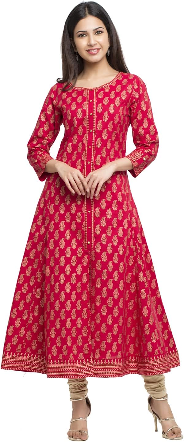 Indian Tunic Cotton Gold Print Anarkali Kurtis for Women (Red)