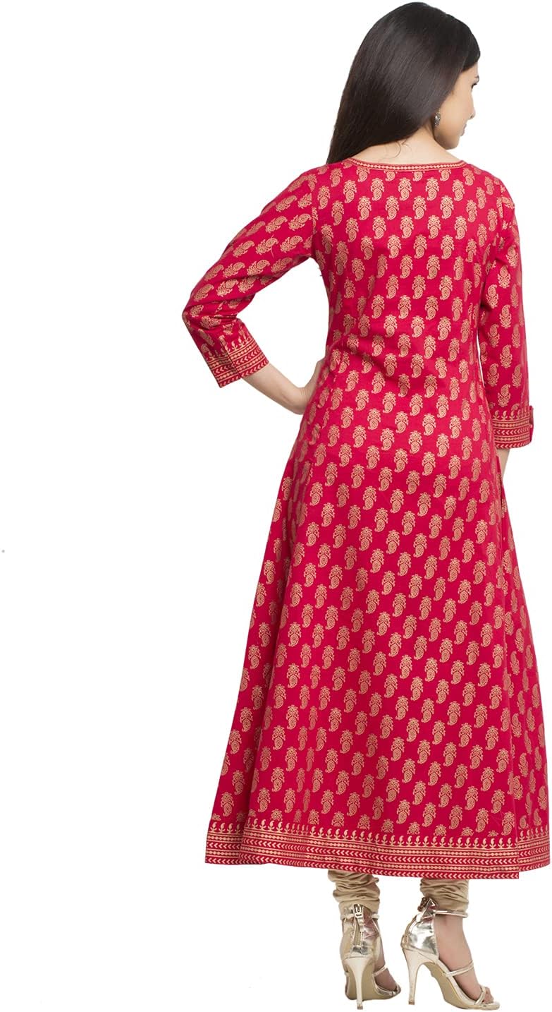 Indian Tunic Cotton Gold Print Anarkali Kurtis for Women (Red) - Image 3