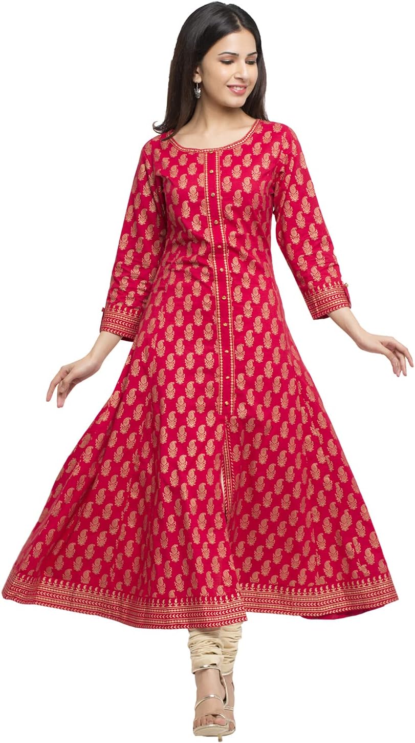 Indian Tunic Cotton Gold Print Anarkali Kurtis for Women (Red) - Image 5