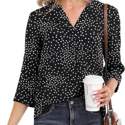 VIISHOW Womens Tops Casual Chiffon Blouses Tops 3/4 Sleeve V Neck Tunic Top Loose Shirt