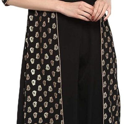 Janasya Indian Women's Black Poly Crepe Gold Print Top with Palazzo and Jacket