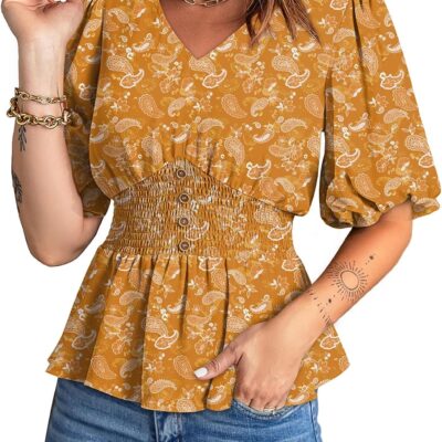 Dokotoo Womens Floral Print Ruffle Half Sleeve Blouses V Neck Decorative Buttons Elastic Waist Casual Summer Tops