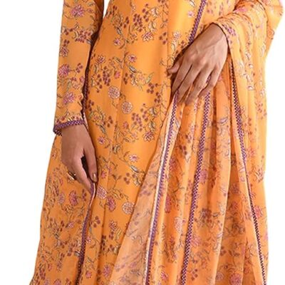 Janasya Indian Women's Yellow Georgette Floral Print Kurta with Flared Palazzo and Dupatta