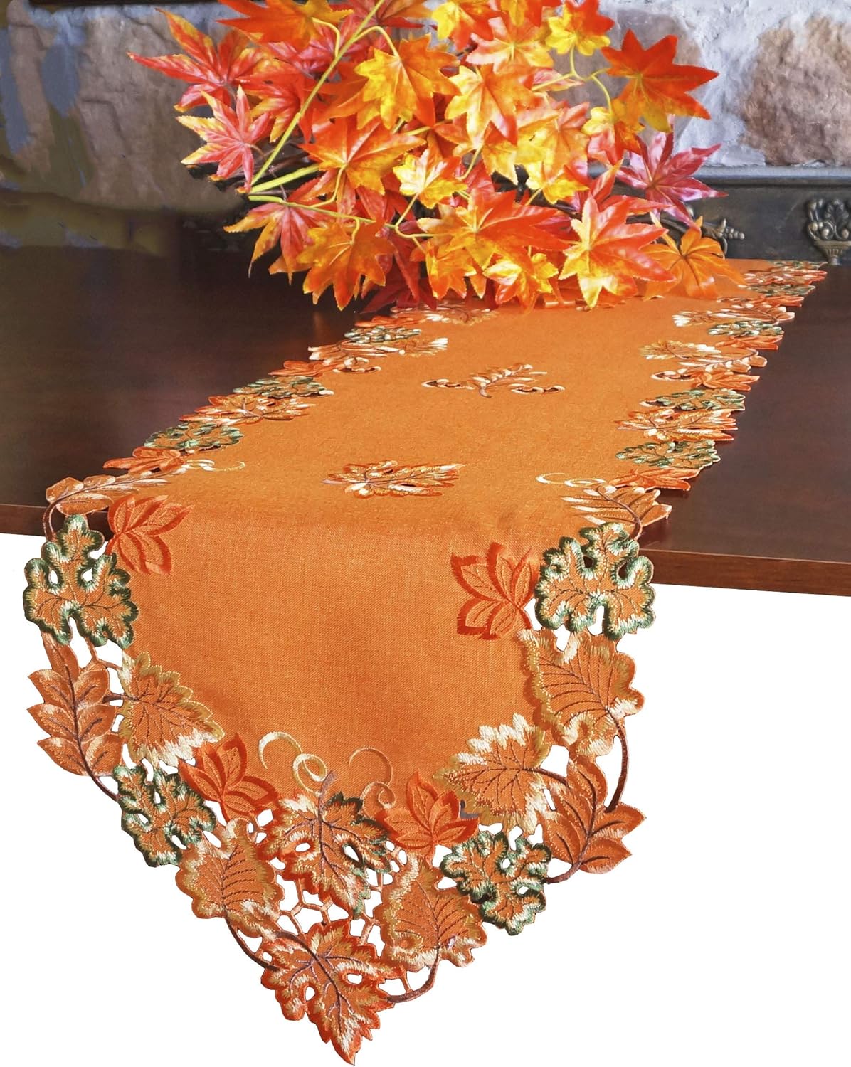 GRANDDECO Harvest Fall Table Runner 13"x54",Cutwork Embroidered Maple Leaves Dresser Scarf Table Topper for Thanksgiving's Day Home Dinner Holiday Party Decoration