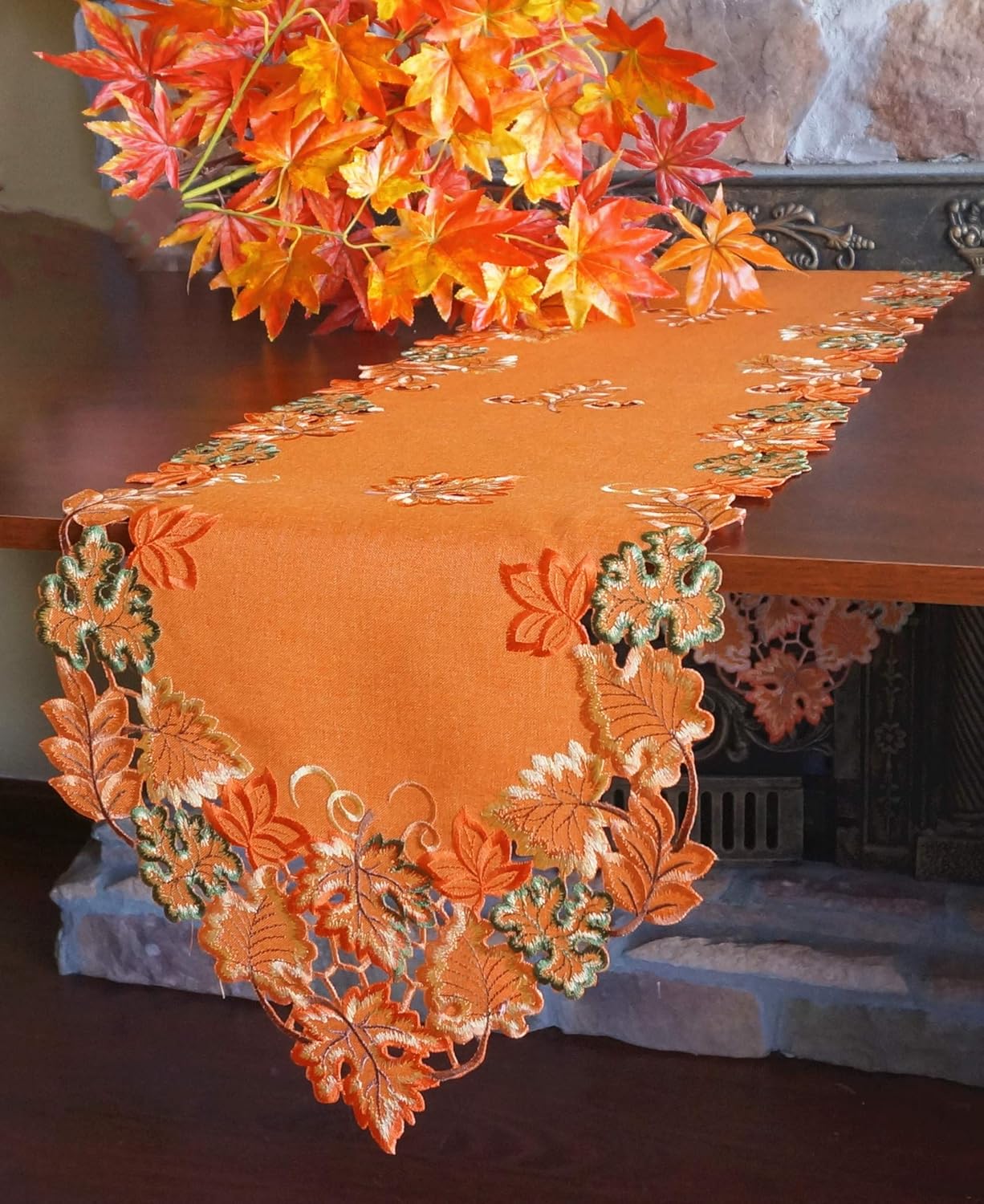 GRANDDECO Harvest Fall Table Runner 13"x54",Cutwork Embroidered Maple Leaves Dresser Scarf Table Topper for Thanksgiving's Day Home Dinner Holiday Party Decoration - Image 2