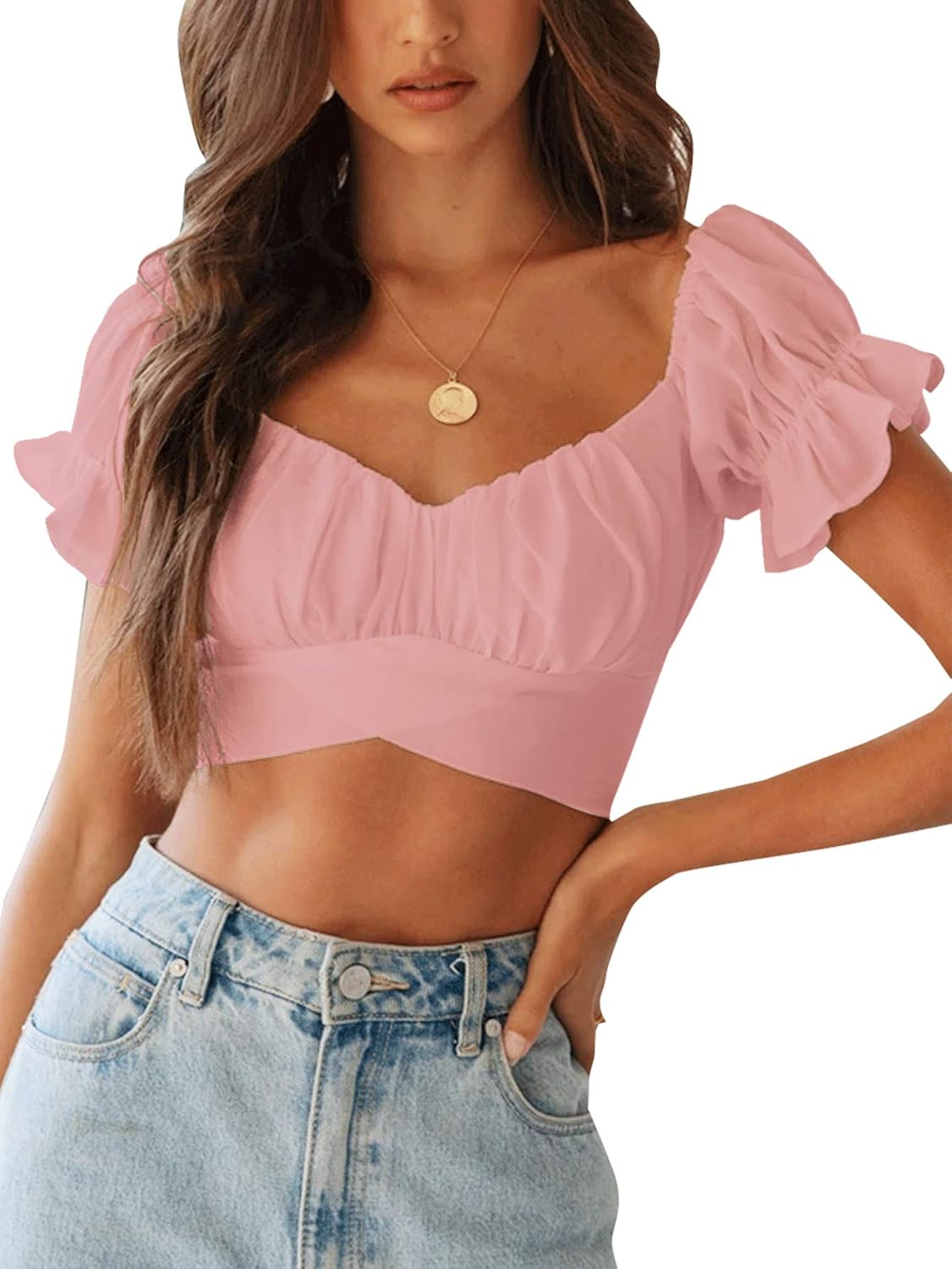 LYANER Women's Ruffle Short Sleeve Tie Up Back Crop Top Off Shoulder Bardot Blouse