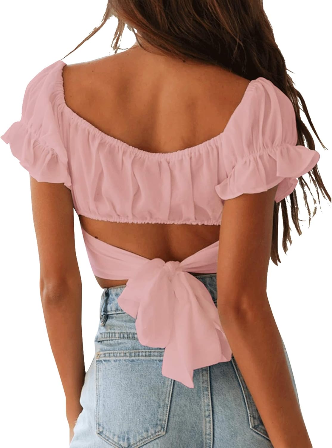 LYANER Women's Ruffle Short Sleeve Tie Up Back Crop Top Off Shoulder Bardot Blouse - Image 2