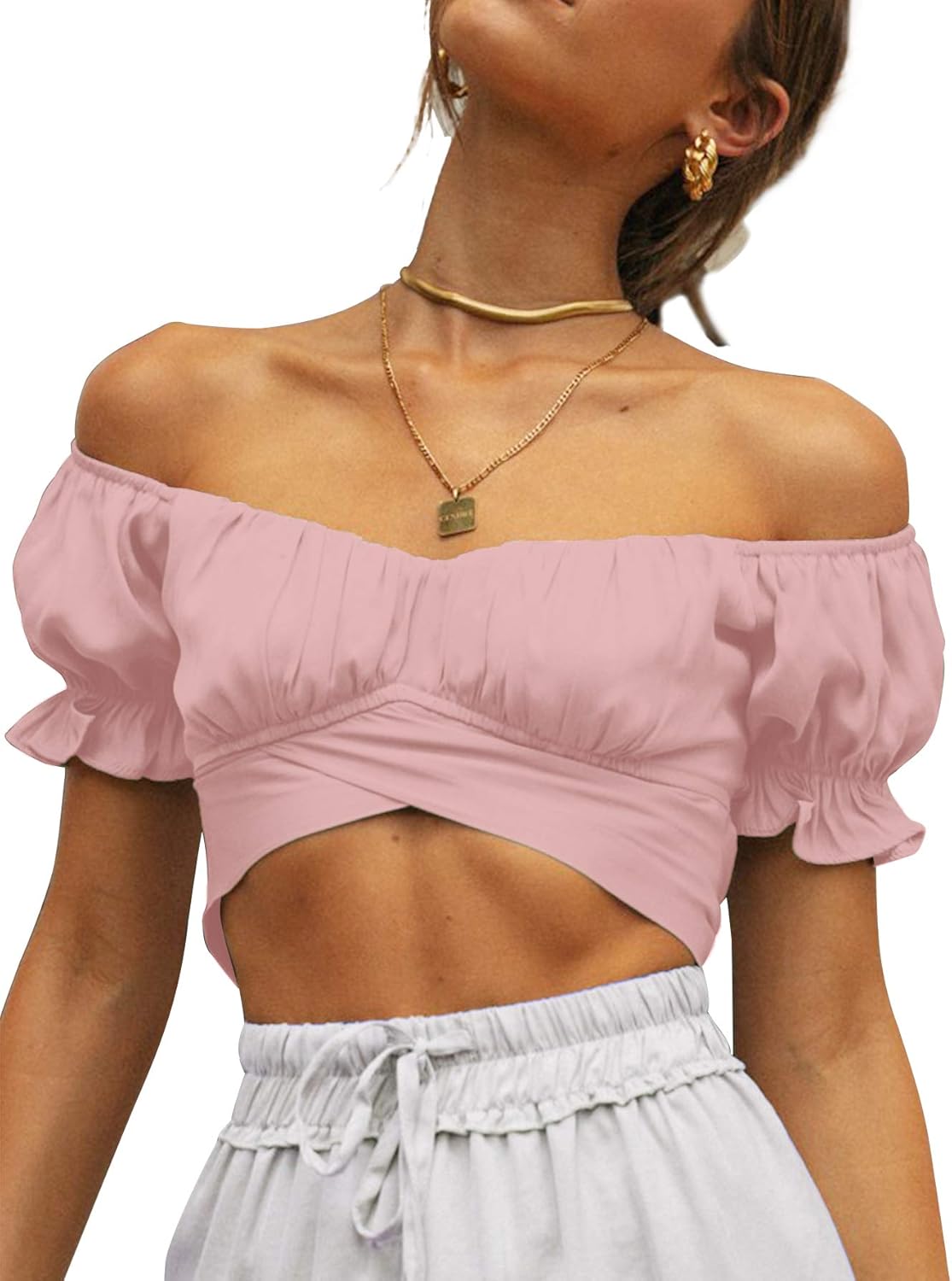 LYANER Women's Ruffle Short Sleeve Tie Up Back Crop Top Off Shoulder Bardot Blouse - Image 4