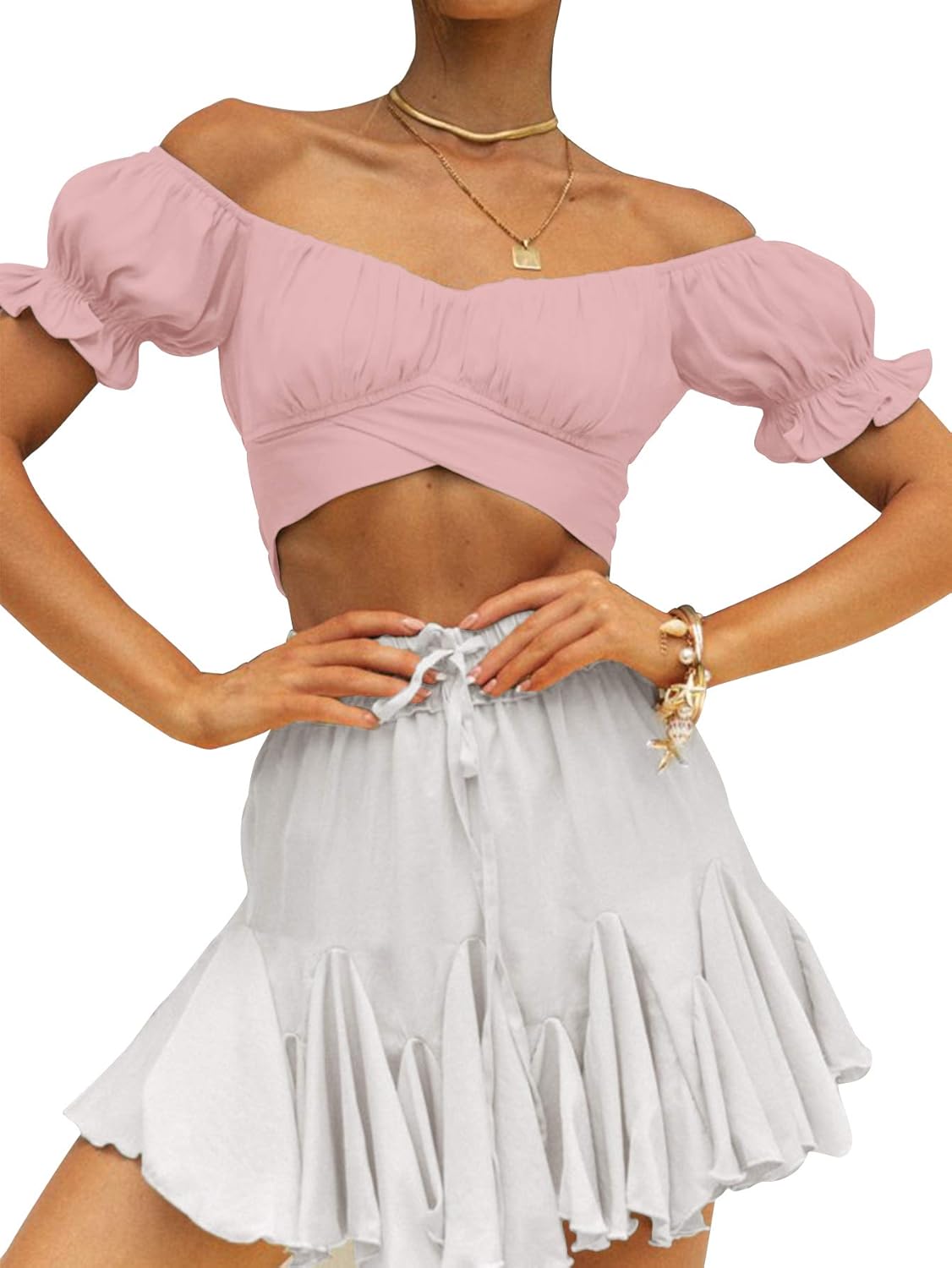 LYANER Women's Ruffle Short Sleeve Tie Up Back Crop Top Off Shoulder Bardot Blouse - Image 5