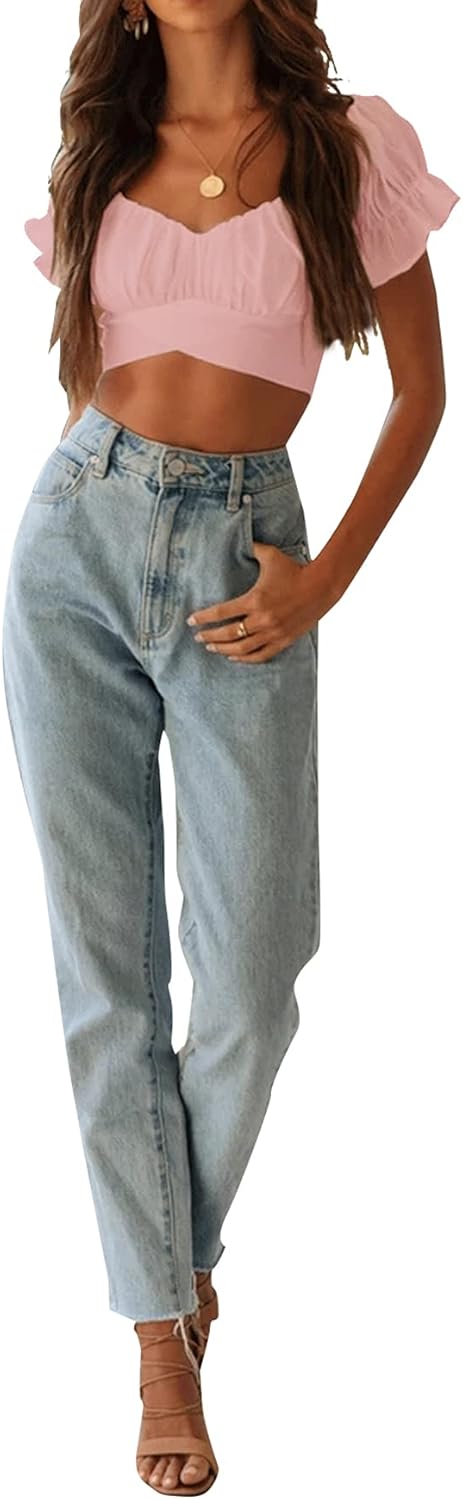 LYANER Women's Ruffle Short Sleeve Tie Up Back Crop Top Off Shoulder Bardot Blouse - Image 6