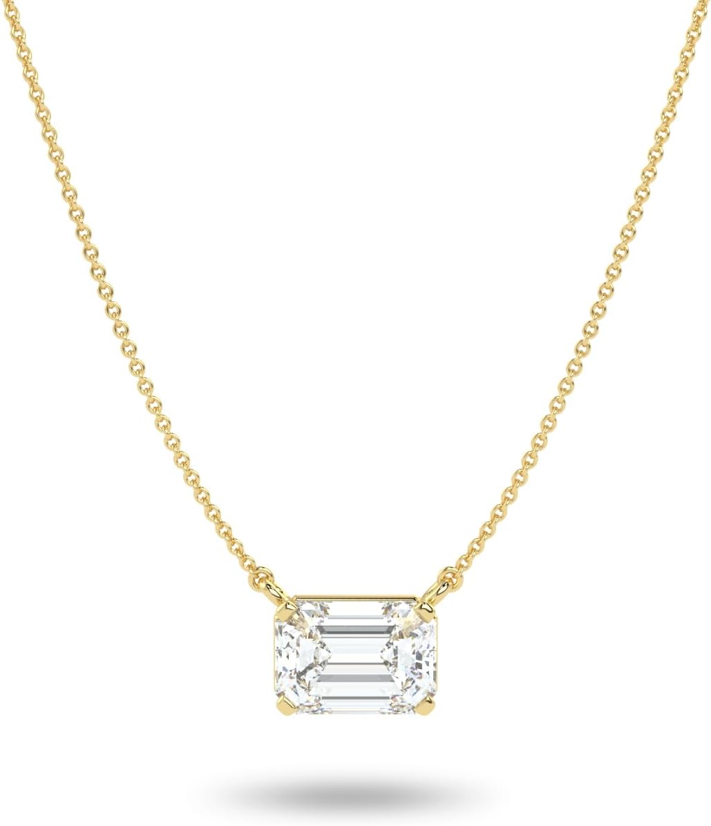 IGI Certified 1/4 to 3 Carat Emerald Cut Lab Grown Diamond Horizontal Solitaire Pendant Necklace for Women I 14k Gold (G-H, VS1-VS2, cttw) 16 to 18 Inch Adjustable Chain East-West